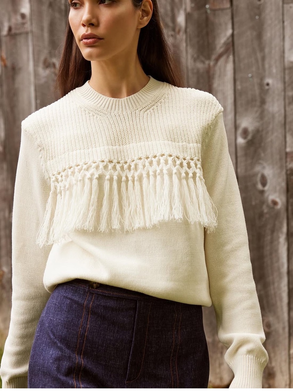 Pearl by Lela Rose Cream Fringe Macrame Knit Sweater - Size XS